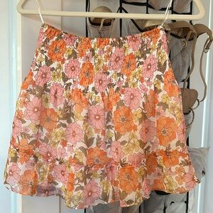 Aqua Pink Multi-Floral Print Smocked Crinkle Chiffon Mini Skirt Size XS NWT